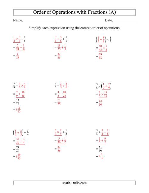 The Order of Operations with Positive Fractions and No Exponents (Two Steps) (A) Math Worksheet Page 2