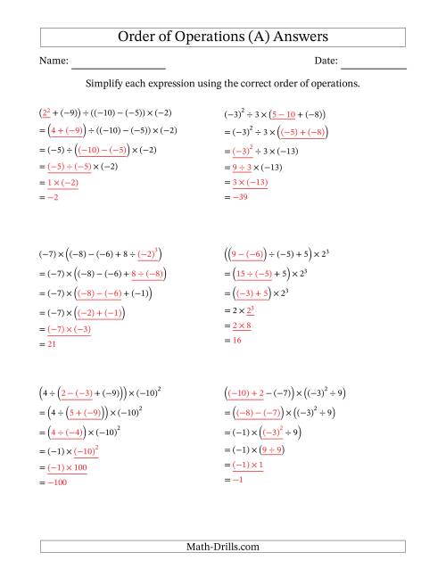 The Order of Operations with Negative and Positive Integers (Five Steps) (A) Math Worksheet Page 2