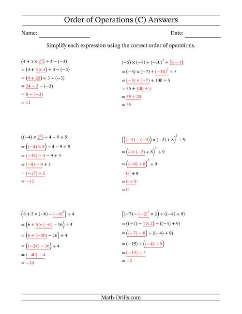 The Order of Operations with Negative and Positive Integers (Five Steps) (C) Math Worksheet Page 2