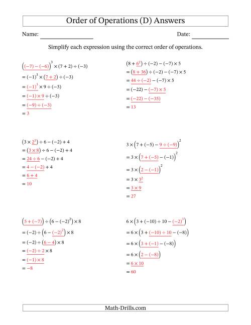 Order of Operations with Negative and Positive Integers (Five Steps) (D)