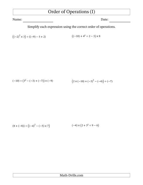 The Order of Operations with Negative and Positive Integers (Five Steps) (I) Math Worksheet
