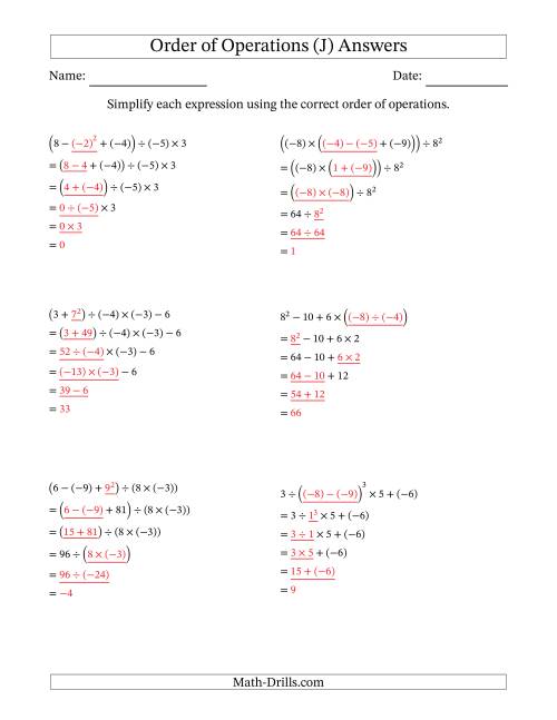 The Order of Operations with Negative and Positive Integers (Five Steps) (J) Math Worksheet Page 2
