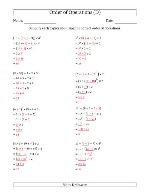 The Order of Operations with Whole Numbers (Five Steps) (D) Math Worksheet Page 2