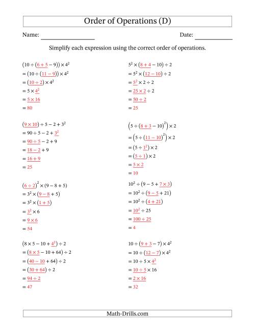 Order of Operations with Whole Numbers (Five Steps) (D)