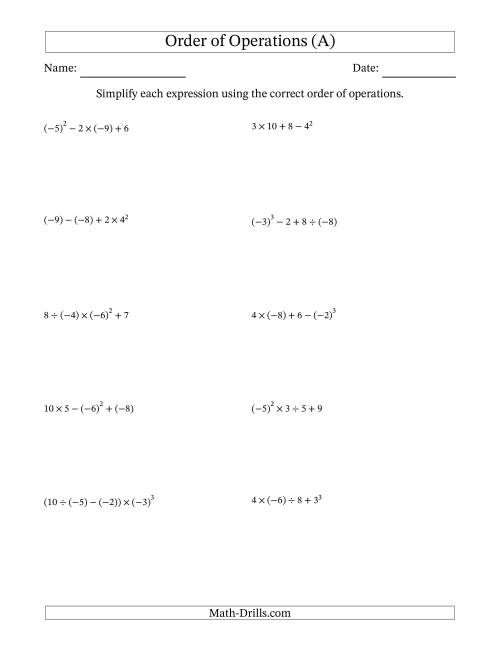 The Order of Operations with Negative and Positive Integers (Four Steps) (A) Math Worksheet