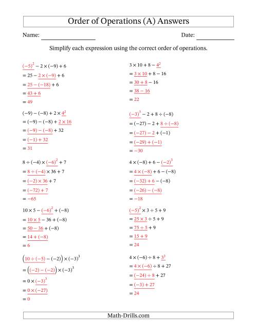 The Order of Operations with Negative and Positive Integers (Four Steps) (A) Math Worksheet Page 2