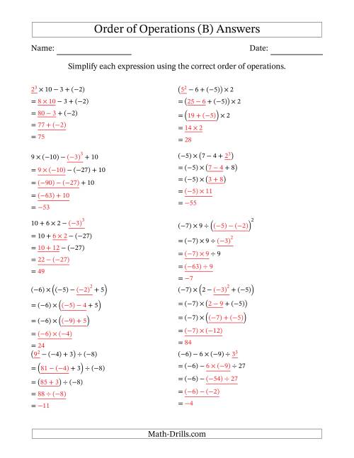 Order of Operations with Negative and Positive Integers (Four Steps) (B)