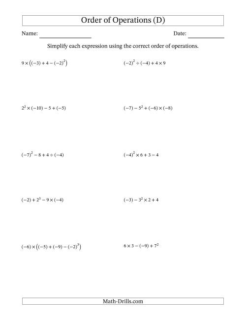 The Order of Operations with Negative and Positive Integers (Four Steps) (D) Math Worksheet
