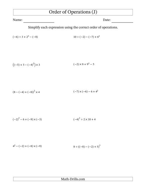 The Order of Operations with Negative and Positive Integers (Four Steps) (J) Math Worksheet