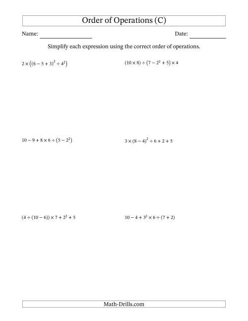 The Order of Operations with Whole Numbers (Six Steps) (C) Math Worksheet