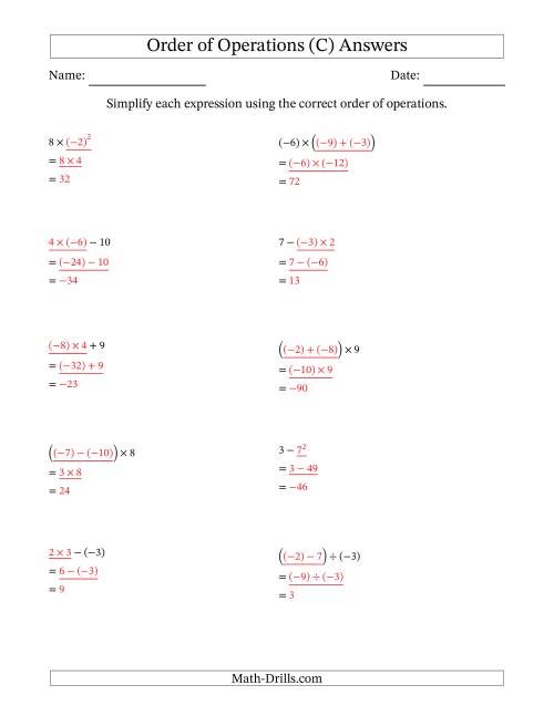 The Order of Operations with Negative and Positive Integers (Two Steps) (C) Math Worksheet Page 2