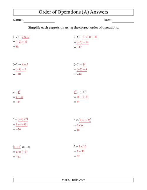 The Order of Operations with Negative and Positive Integers (Two Steps) (All) Math Worksheet Page 2