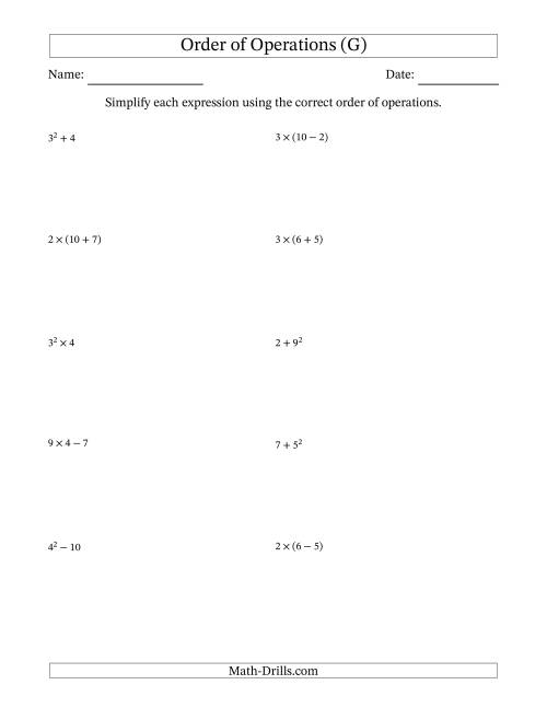 The Order of Operations with Whole Numbers (Two Steps) (G) Math Worksheet