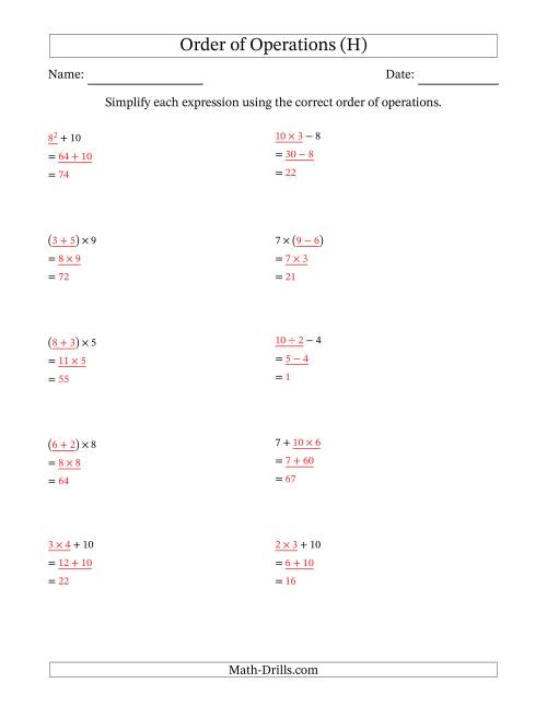 The Order of Operations with Whole Numbers (Two Steps) (H) Math Worksheet Page 2