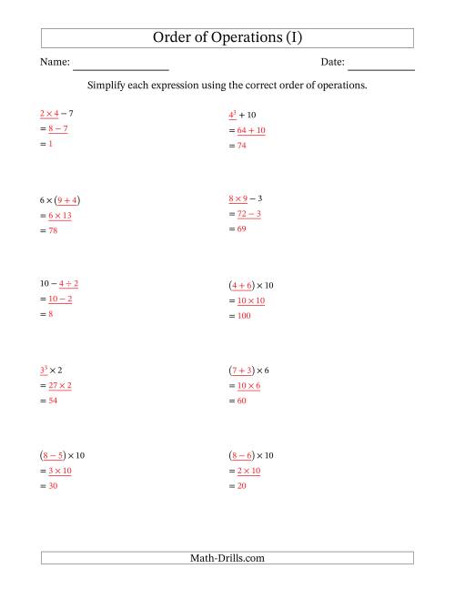 The Order of Operations with Whole Numbers (Two Steps) (I) Math Worksheet Page 2