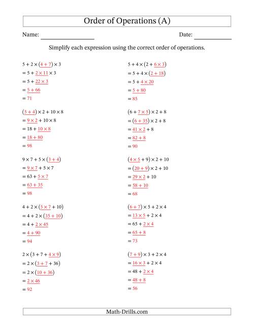 Order of Operations with Whole Numbers Multiplication and ...