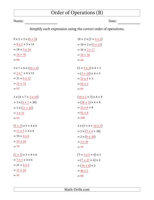 The Order of Operations with Whole Numbers Multiplication and Addition Only (Four Steps) (B) Math Worksheet Page 2