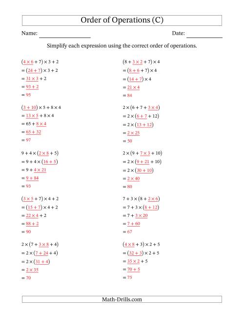 order of operations with whole numbers multiplication and addition only