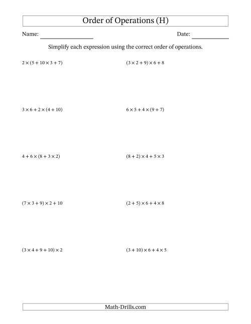 The Order of Operations with Whole Numbers Multiplication and Addition Only (Four Steps) (H) Math Worksheet