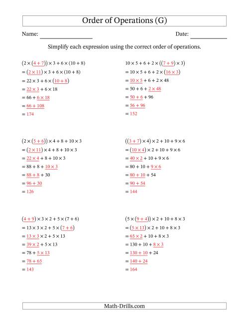 The Order of Operations with Whole Numbers Multiplication and Addition Only (Six Steps) (G) Math Worksheet Page 2