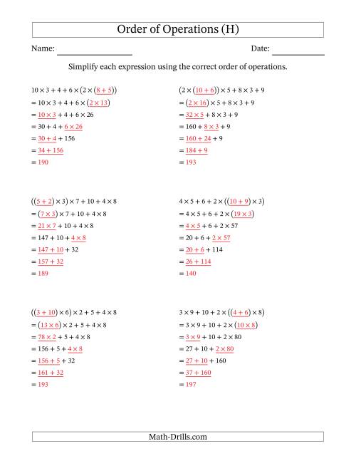 order of operations with whole numbers multiplication and addition only