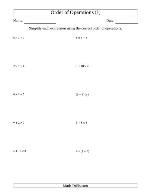 The Order of Operations with Whole Numbers Multiplication and Addition Only (Two Steps) (J) Math Worksheet