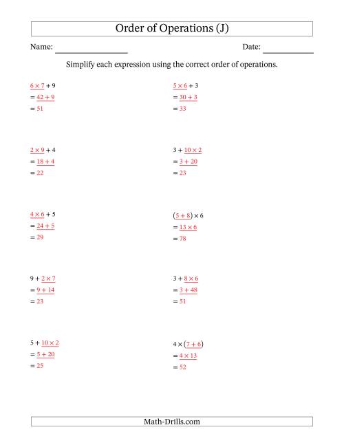The Order of Operations with Whole Numbers Multiplication and Addition Only (Two Steps) (J) Math Worksheet Page 2