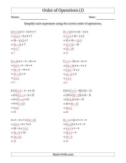 order of operations with whole numbers multiplication addition and