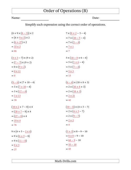 The Order of Operations with Whole Numbers Multiplication, Addition and Subtraction Only (Four Steps) (B) Math Worksheet Page 2