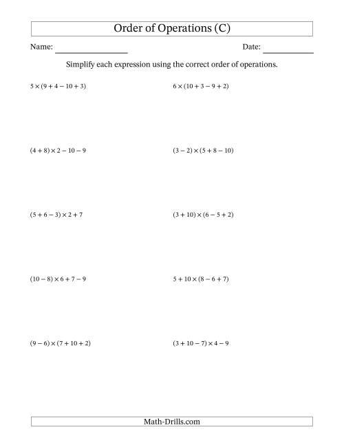 The Order of Operations with Whole Numbers Multiplication, Addition and Subtraction Only (Four Steps) (C) Math Worksheet