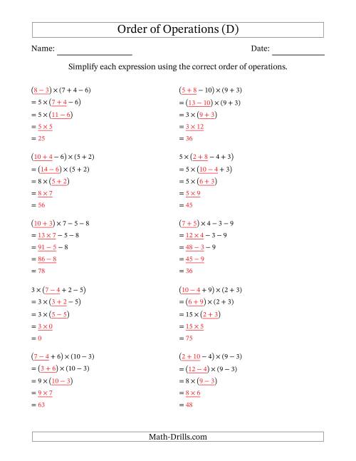 The Order of Operations with Whole Numbers Multiplication, Addition and Subtraction Only (Four Steps) (D) Math Worksheet Page 2