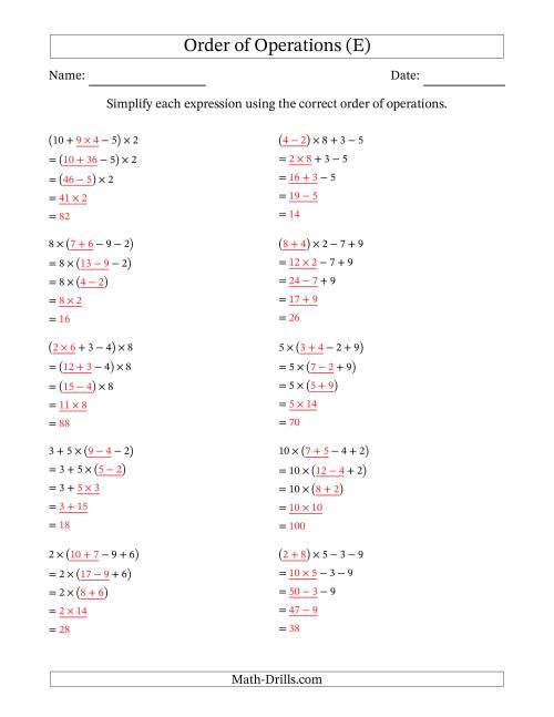 The Order of Operations with Whole Numbers Multiplication, Addition and Subtraction Only (Four Steps) (E) Math Worksheet Page 2