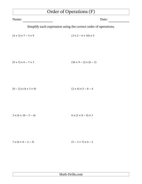 The Order of Operations with Whole Numbers Multiplication, Addition and Subtraction Only (Four Steps) (F) Math Worksheet