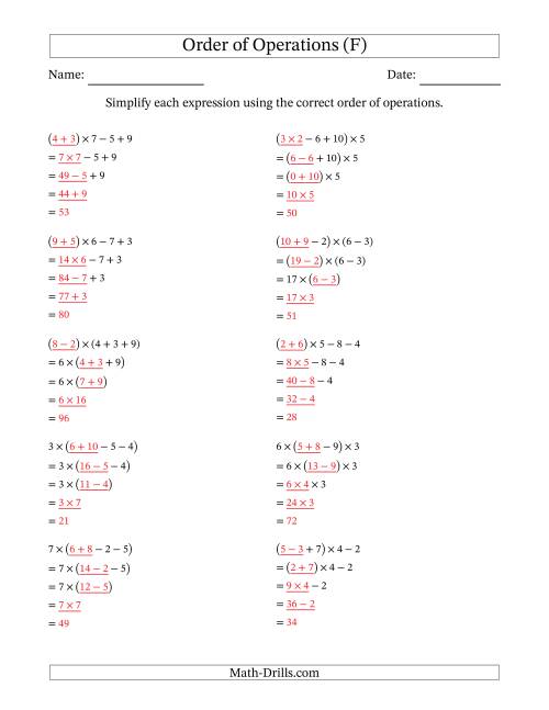 The Order of Operations with Whole Numbers Multiplication, Addition and Subtraction Only (Four Steps) (F) Math Worksheet Page 2
