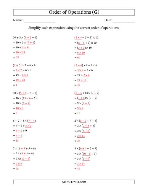 The Order of Operations with Whole Numbers Multiplication, Addition and Subtraction Only (Four Steps) (G) Math Worksheet Page 2