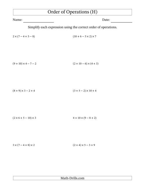 The Order of Operations with Whole Numbers Multiplication, Addition and Subtraction Only (Four Steps) (H) Math Worksheet