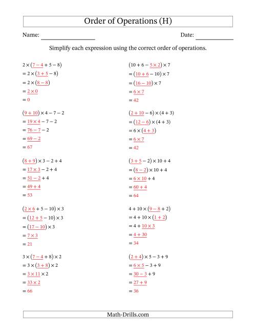 The Order of Operations with Whole Numbers Multiplication, Addition and Subtraction Only (Four Steps) (H) Math Worksheet Page 2