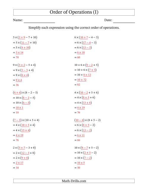 The Order of Operations with Whole Numbers Multiplication, Addition and Subtraction Only (Four Steps) (I) Math Worksheet Page 2