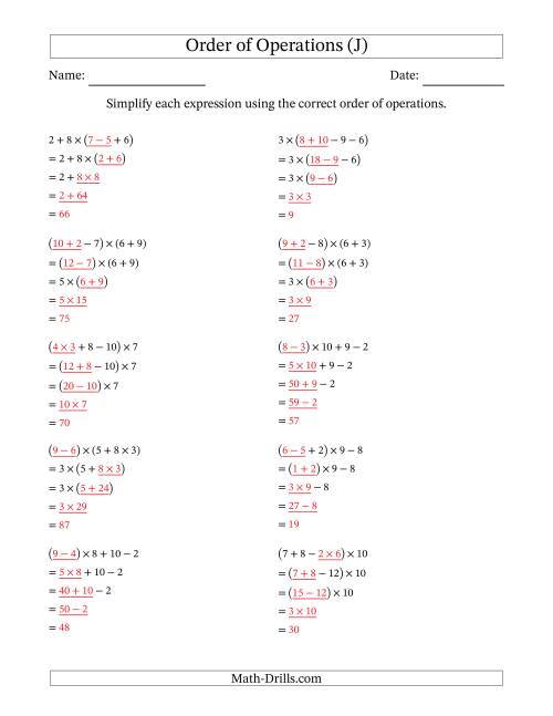 The Order of Operations with Whole Numbers Multiplication, Addition and Subtraction Only (Four Steps) (J) Math Worksheet Page 2