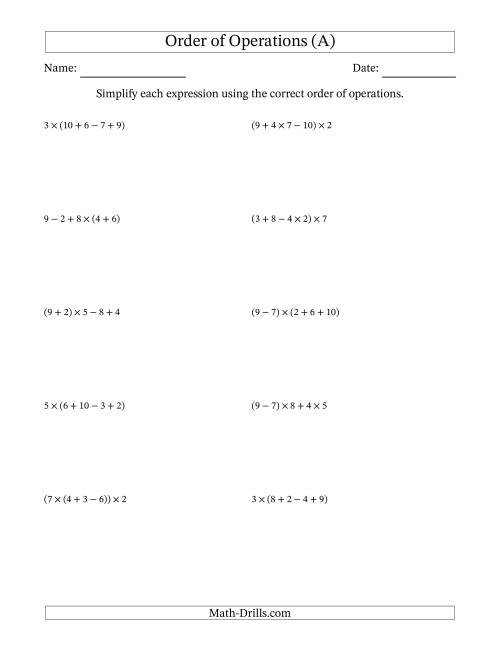 The Order of Operations with Whole Numbers Multiplication, Addition and Subtraction Only (Four Steps) (All) Math Worksheet
