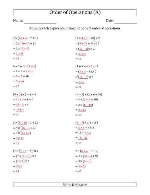 The Order of Operations with Whole Numbers Multiplication, Addition and Subtraction Only (Four Steps) (All) Math Worksheet Page 2