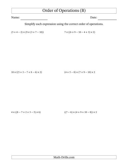 The Order of Operations with Whole Numbers Multiplication, Addition and Subtraction Only (Six Steps) (B) Math Worksheet