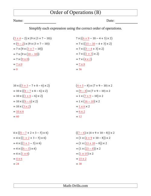 The Order of Operations with Whole Numbers Multiplication, Addition and Subtraction Only (Six Steps) (B) Math Worksheet Page 2
