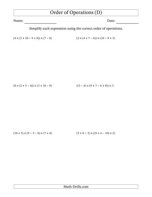 The Order of Operations with Whole Numbers Multiplication, Addition and Subtraction Only (Six Steps) (D) Math Worksheet