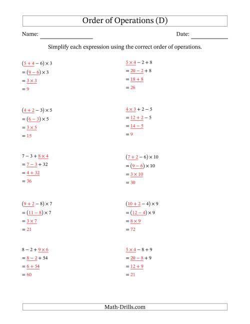 Order Of Operations With Whole Numbers Multiplication, Addition And 