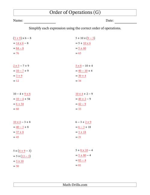 The Order of Operations with Whole Numbers Multiplication, Addition and Subtraction Only (Three Steps) (G) Math Worksheet Page 2