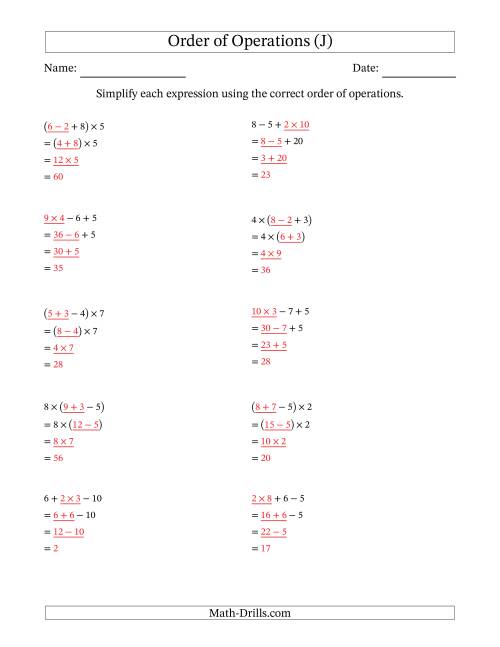 The Order of Operations with Whole Numbers Multiplication, Addition and Subtraction Only (Three Steps) (J) Math Worksheet Page 2