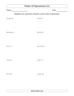 Order of Operations with Whole Numbers Multiplication, Addition and Subtraction Only (Two Steps)