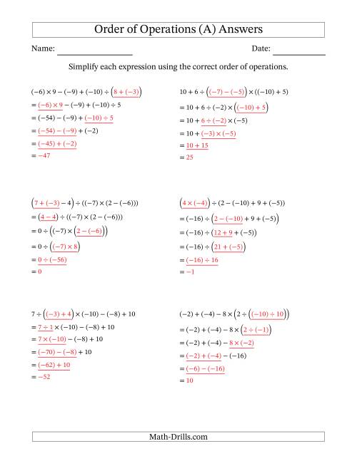 The Order of Operations with Negative and Positive Integers and No Exponents (Five Steps) (A) Math Worksheet Page 2