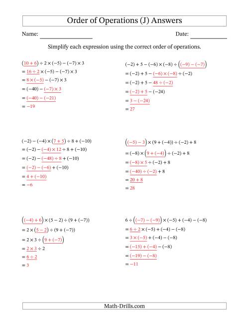 Order of Operations with Negative and Positive Integers and No ...